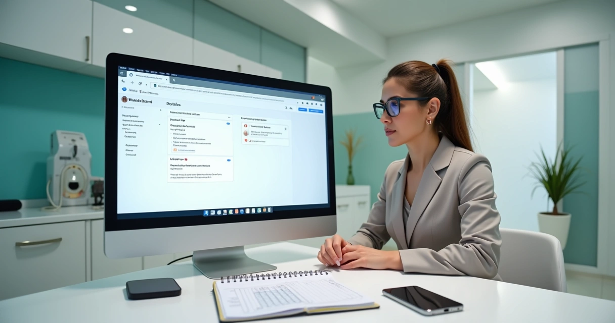 Recepcionista de clínica odontológica usando computador com Instagram Direct aberto na tela 