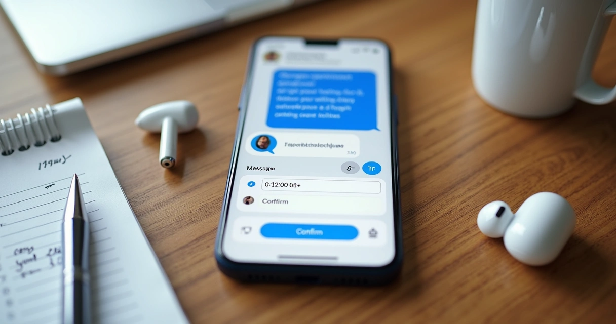 Smartphone sobre mesa exibindo conversa no Messenger com opção de agendar consulta 