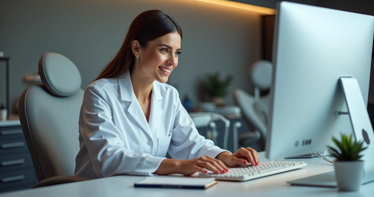 Recepcionista de clínica odontológica agendando consulta no computador 