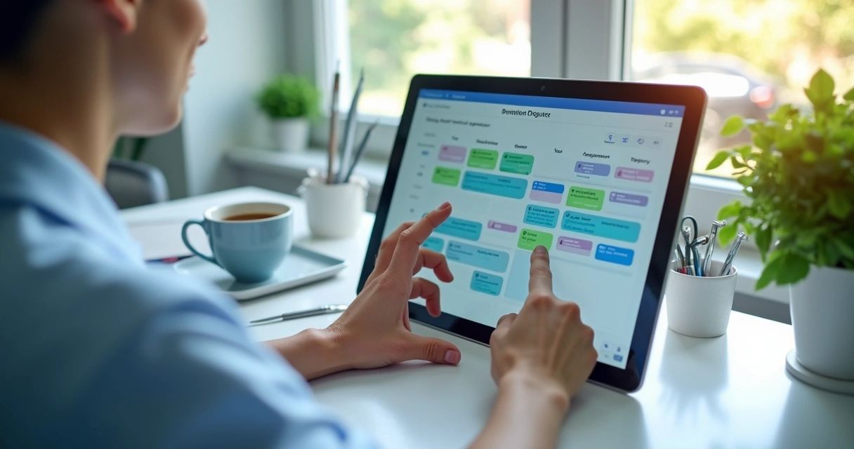 Profissional consultando agenda digital em clínica odontológica.