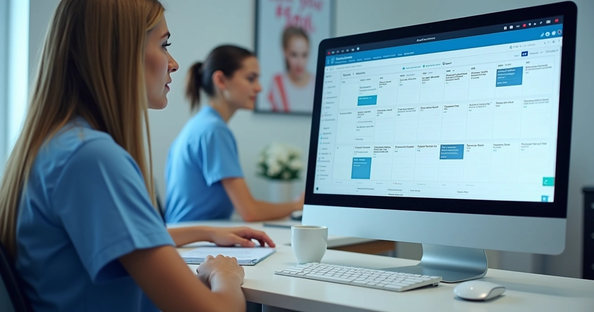 Monitor em mesa de atendimento, aberto em agenda eletrônica de consultório odontológico 