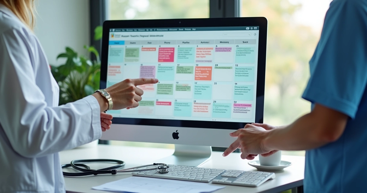 Agenda de consultório médico lotada com lista de pacientes e calendário digital 