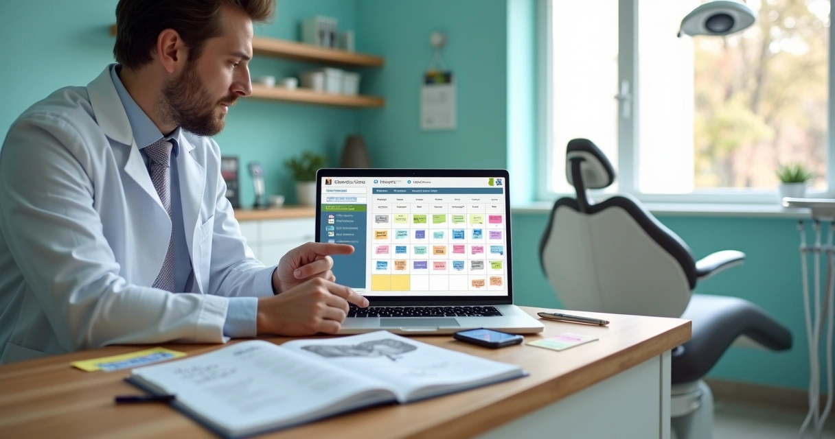 Dentista planejando agenda de conteúdo digital em consultório moderno 