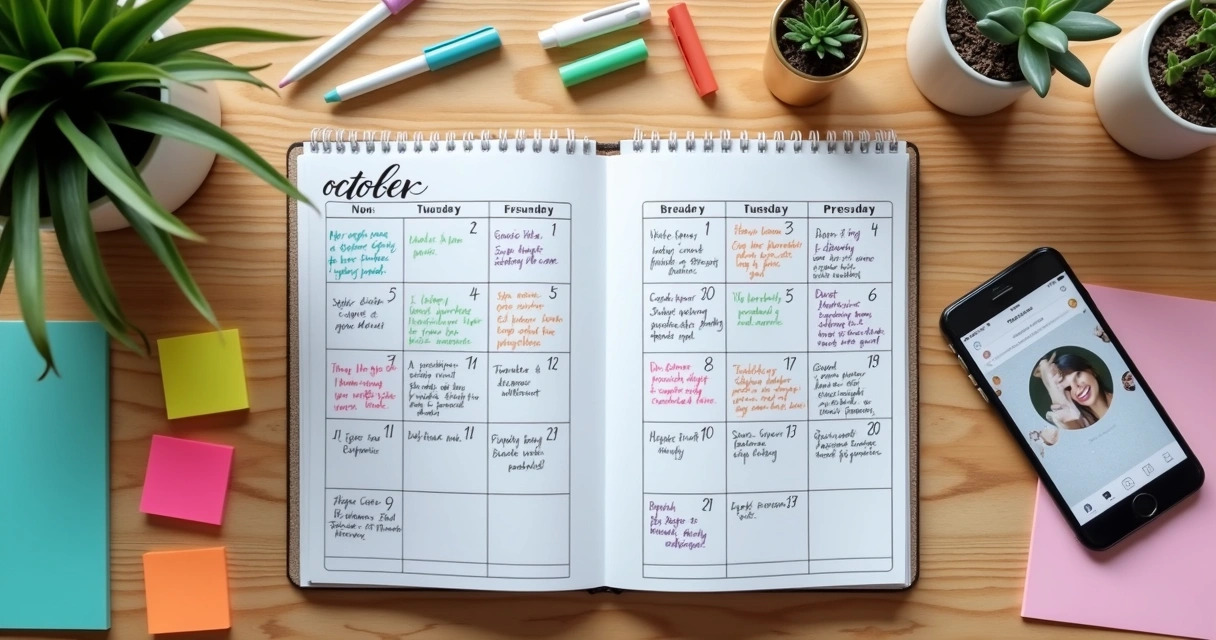 Calendário de outubro com anotações coloridas e ícones de redes sociais em uma mesa de trabalho 
