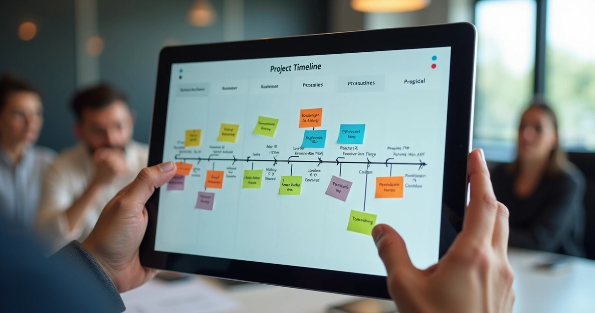 Cronograma escrito em quadro digital, com marcos e prazos destacados