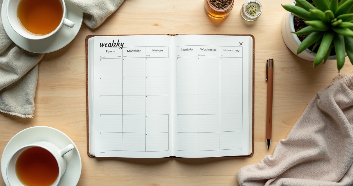 Agenda abierta con horario de pausas y taza de té sobre una mesa clara