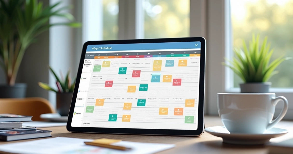 Agenda digital de visitas imobiliárias com imóveis, clientes e horários coloridos. 