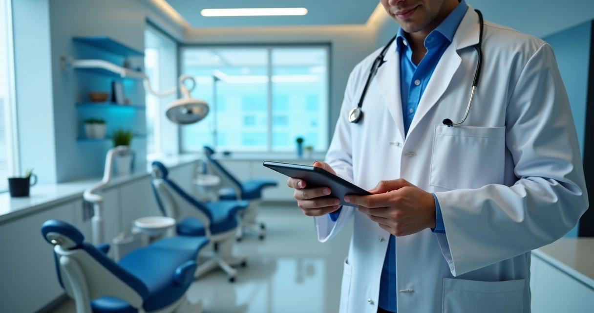Dentista conferindo agenda digital em tablet