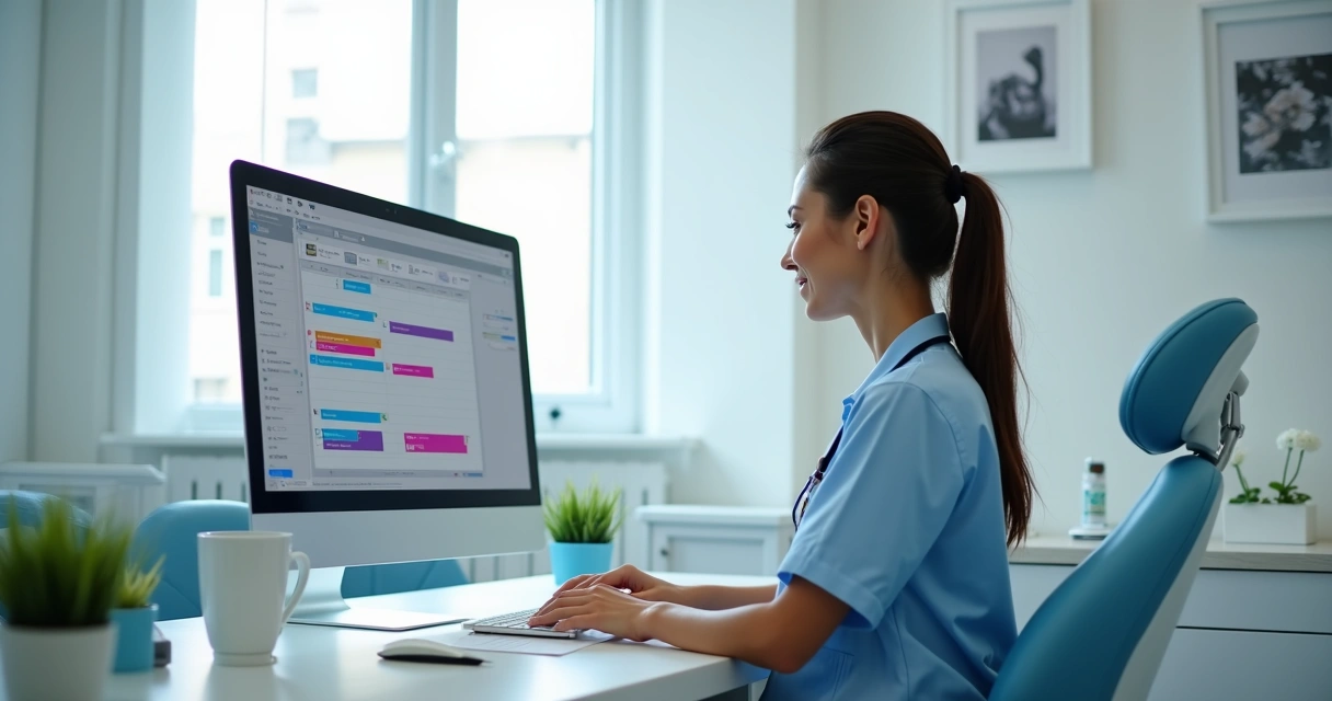 Secretária organizando agenda digital no consultório odontológico 