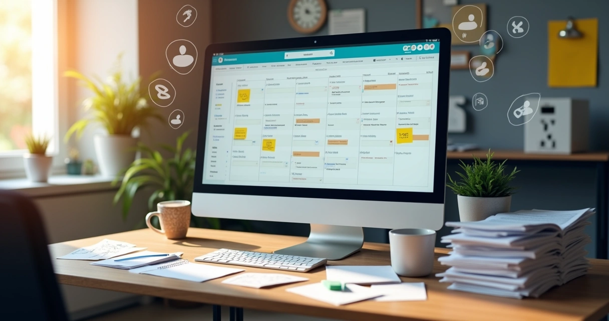Mesa de escritório com calendário digital, papéis e computador 