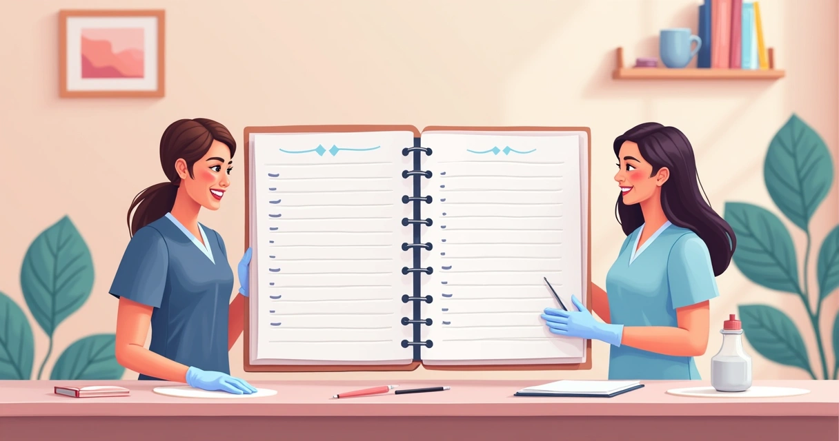 Agenda aberta, itens de depilação e cliente se despedindo, ilustrando controle de tempo 