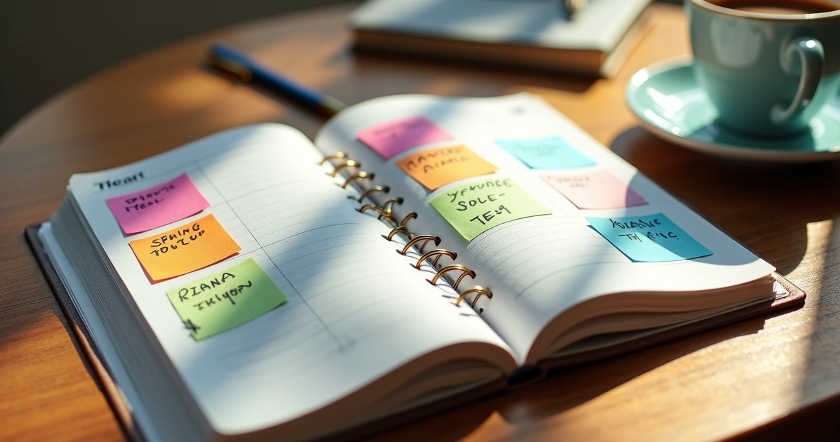 Agenda de vendas aberta com marcações coloridas para retornos e reuniões 