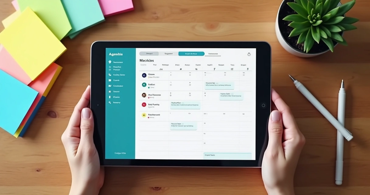 Tela de agenda digital em tablet sobre mesa de madeira 