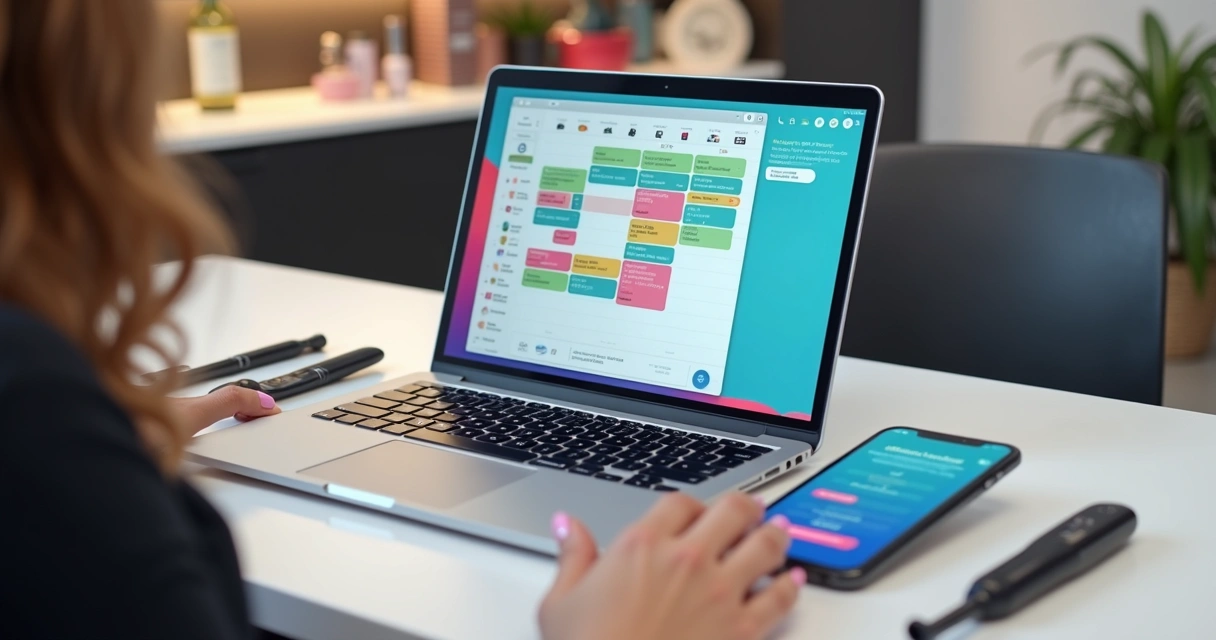 Agenda digital com notificações de WhatsApp aberta em mesa de salão de beleza 