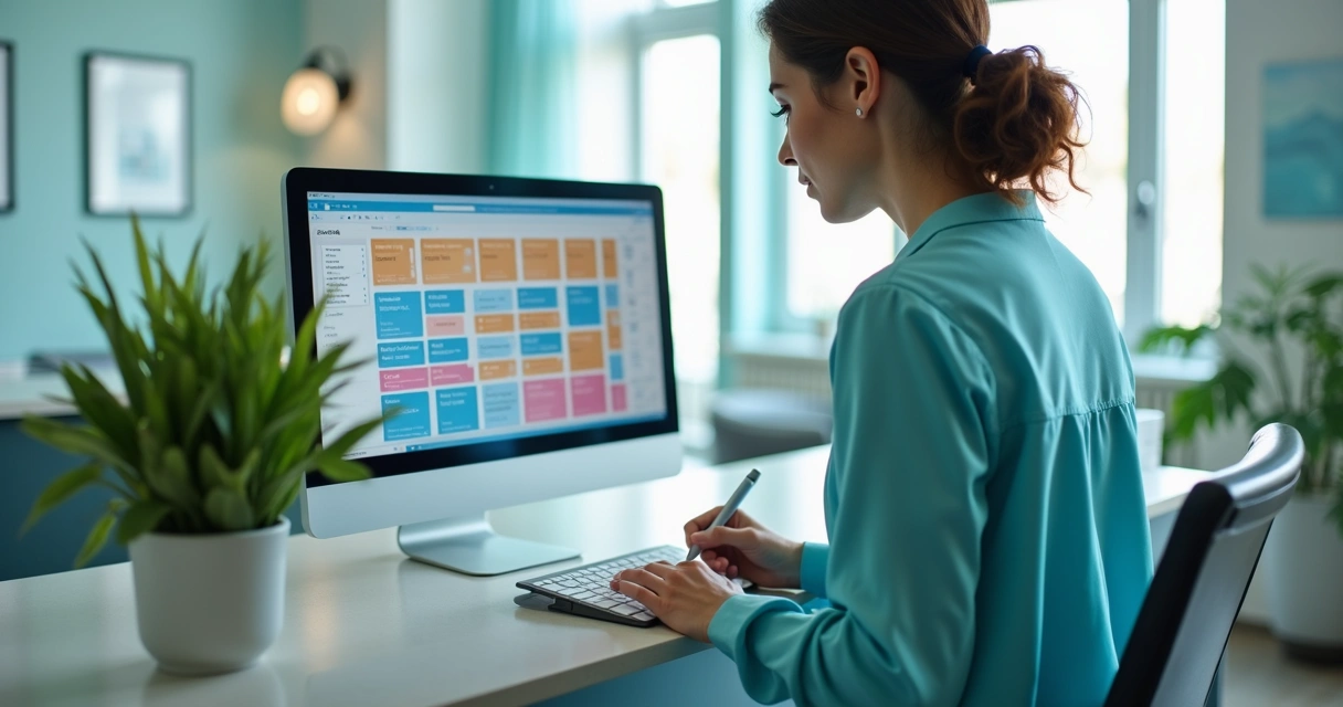 Agenda digital aberta em computador e tablet na recepção da clínica