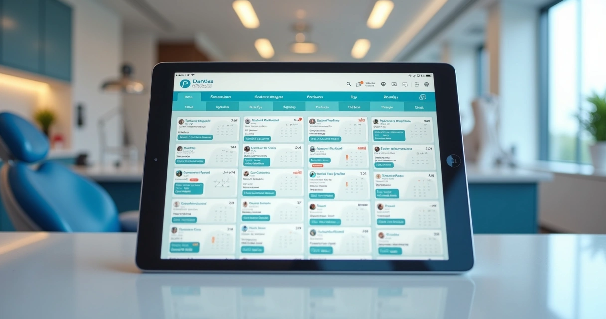 Tela de agenda digital odontológica em tablet em ambiente de clínica. 