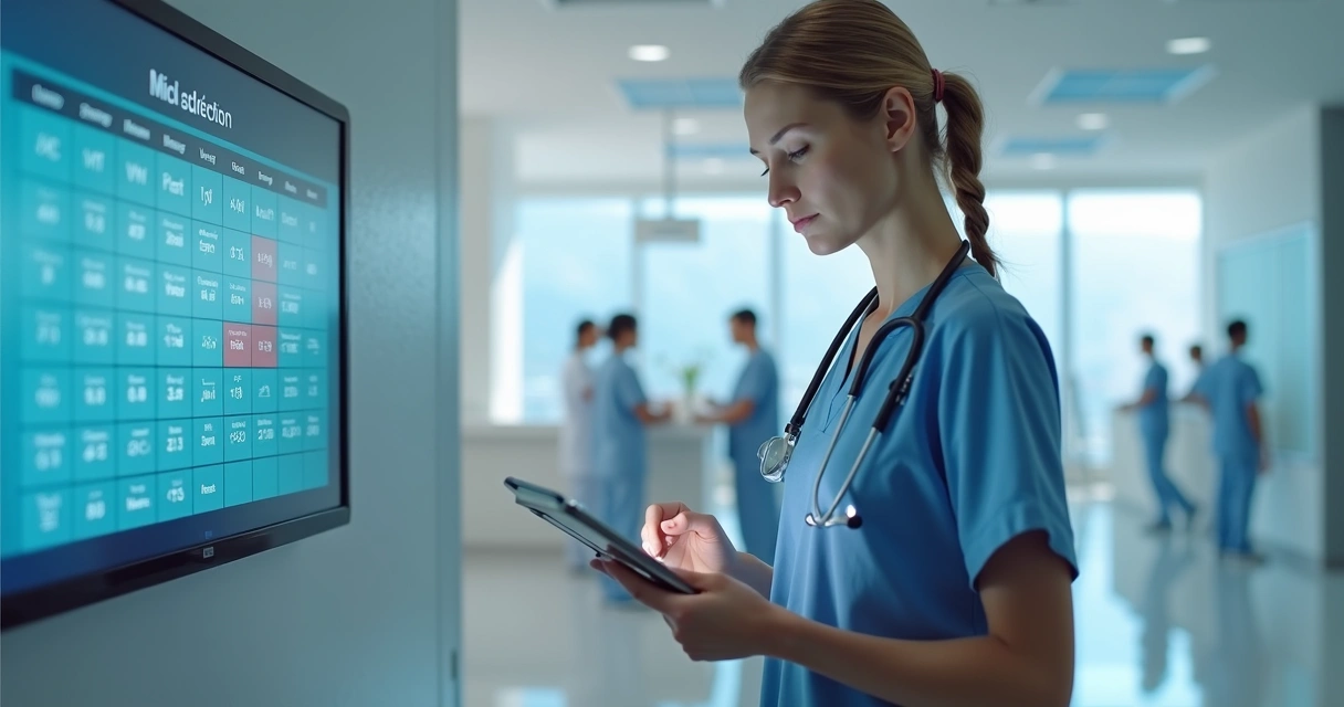 Profissional atualizando agenda digital de clínica no tablet. 