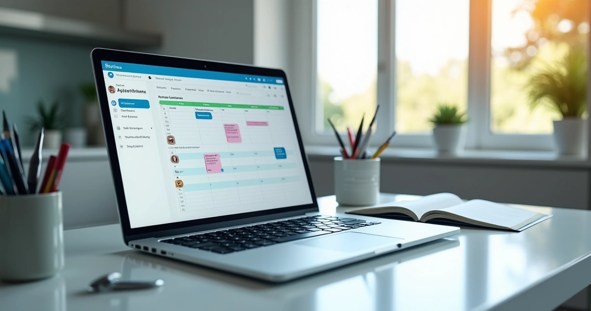 Computador com tela mostrando agenda digital para clínica odontológica com interface organizada e colorida 