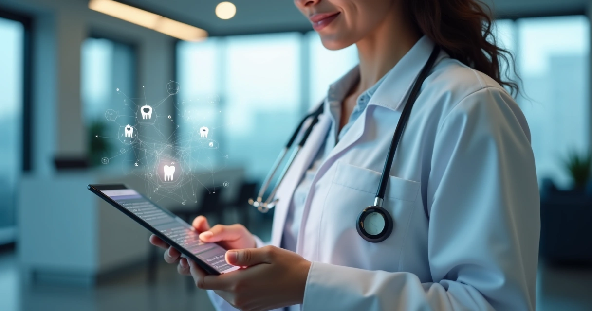 Gestora usando agenda digital em clínica odontológica 