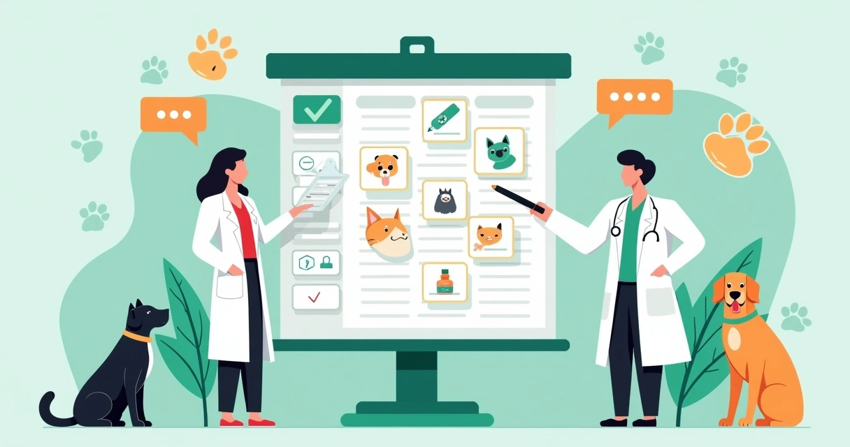 Profissional veterinário organizando agenda digital com ícones de pets e lembretes surgindo da tela 