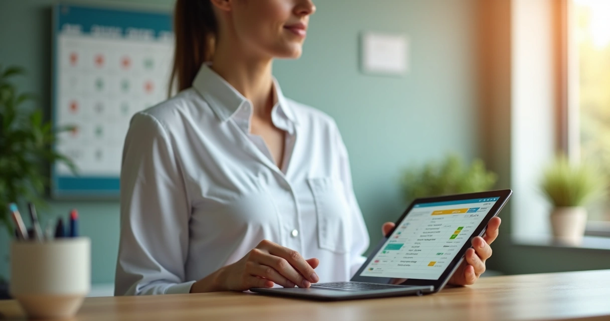 Pequeno empresário segurando tablet com agenda digital organizada de cobranças 