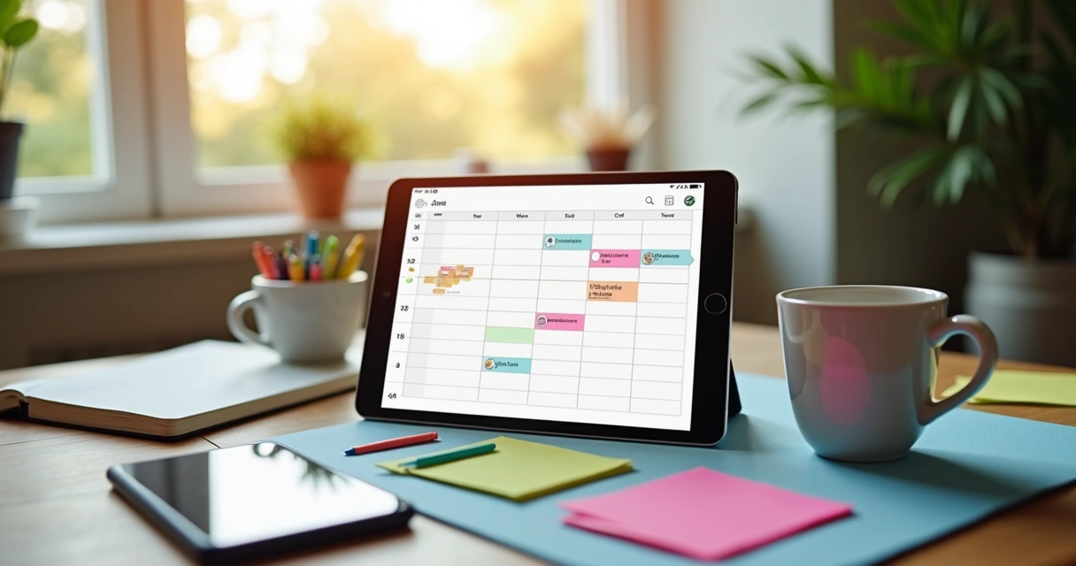 Agenda digital aberta com marcadores coloridos 