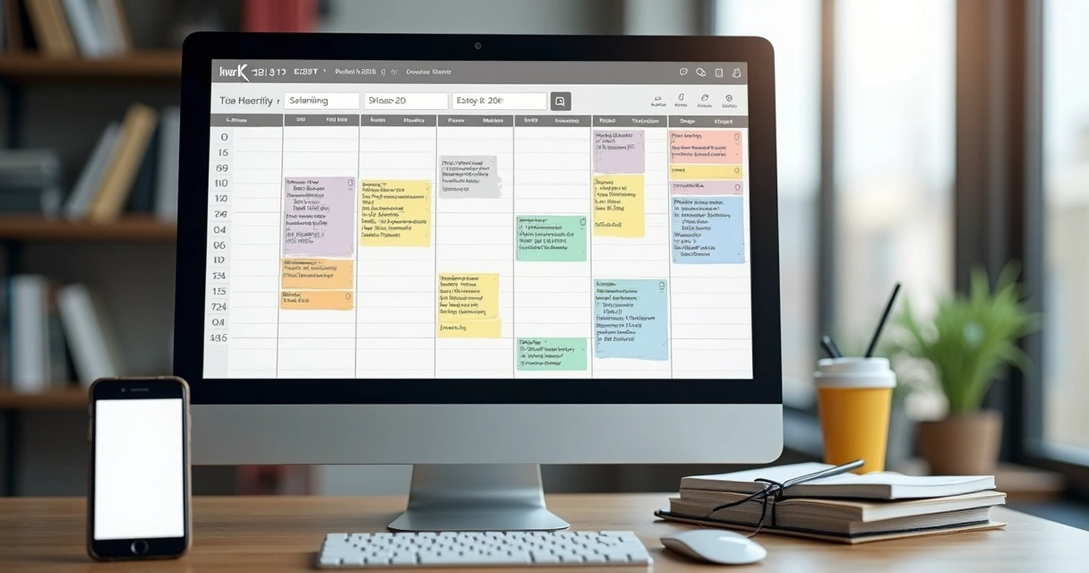 Tela de agenda digital colorida com eventos jurídicos destacados 