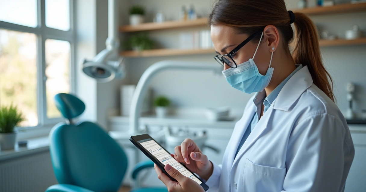 Dentista consultando agenda digital em tablet no consultório