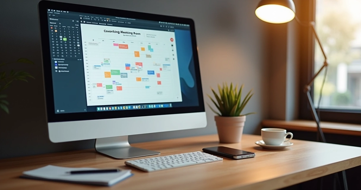 Tela de computador com agenda digital aberta mostrando reservas de coworking 