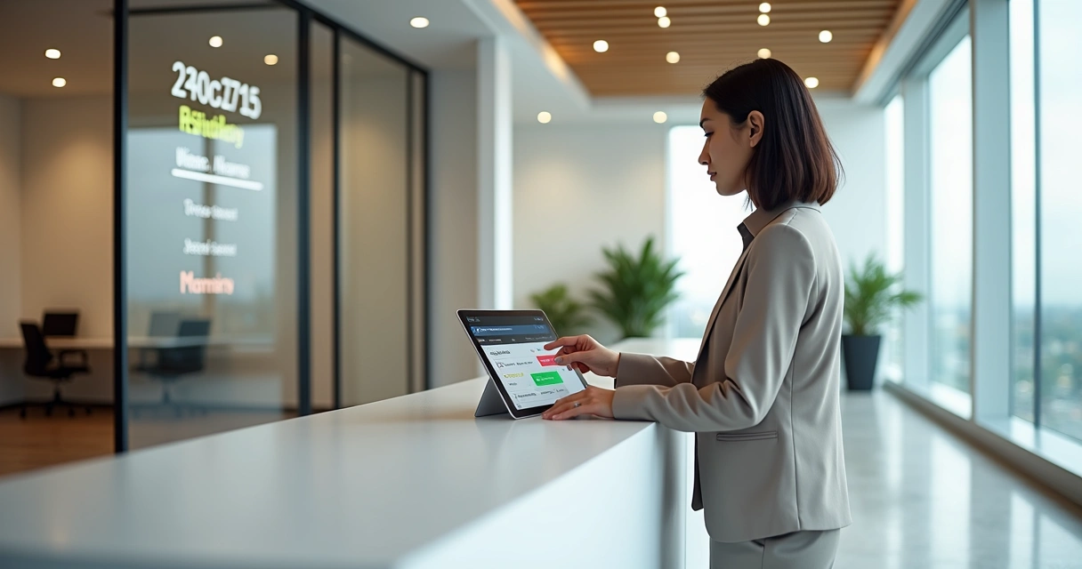 Recepcionista de coworking confirmando reserva em tablet ao lado de painel com salas disponíveis 