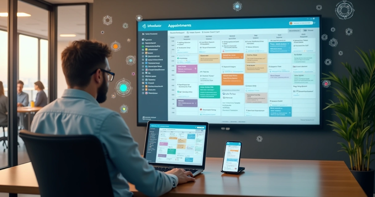 Painel de agenda digital com profissional organizando múltiplos agendamentos corporativos 