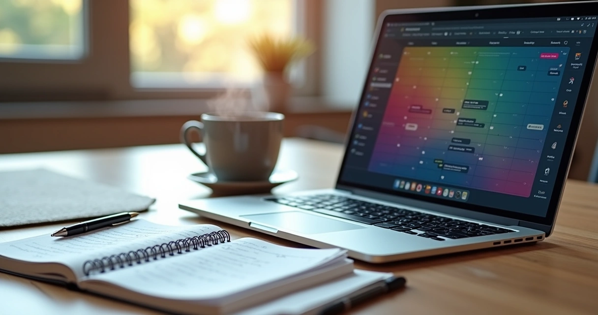 Mesa de escritório organizada com laptop aberto mostrando agenda digital, caderno, caneta e xícara de café 