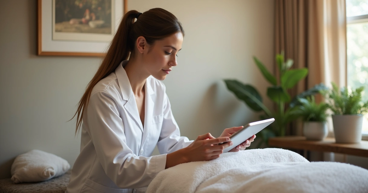 Massagista organizando agenda em tablet em ambiente tranquilo 