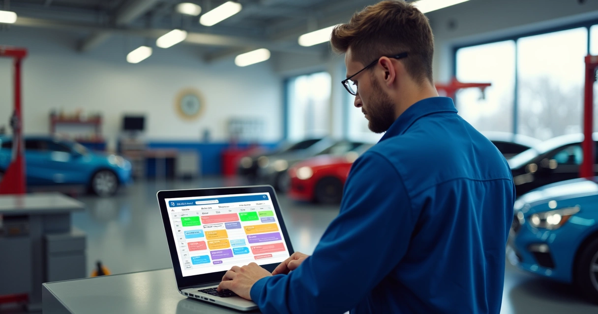 Funcionário de oficina mecânica organizando a agenda digital em computador com carros em background 