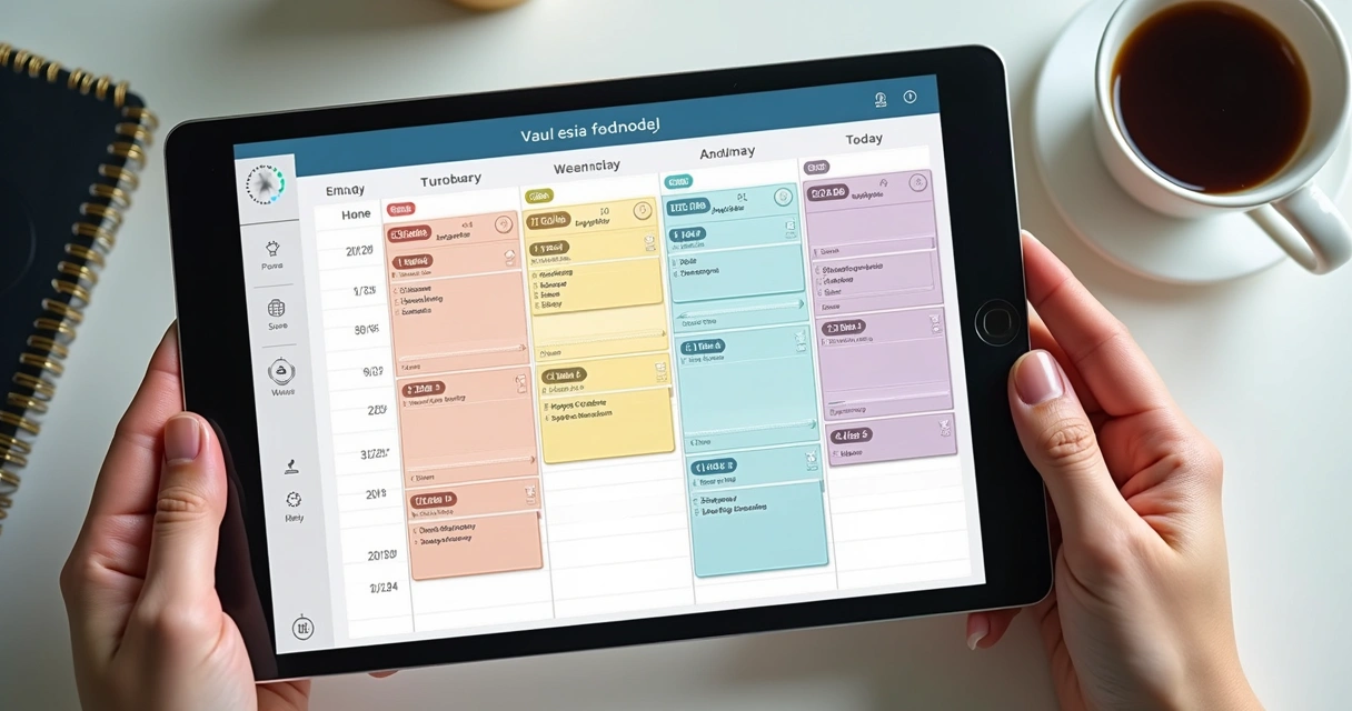Agenda digital com horários coloridos e tarefas bem distribuídas 