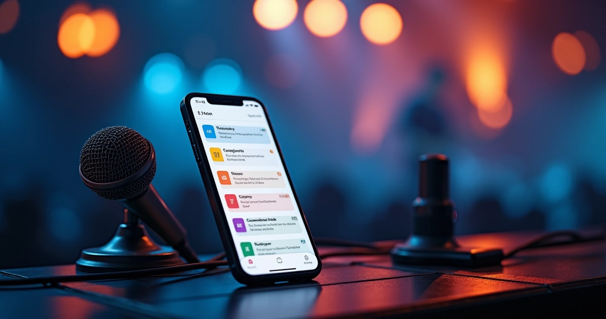 Agenda digital aberta em smartphone ao lado de microfone no palco. 