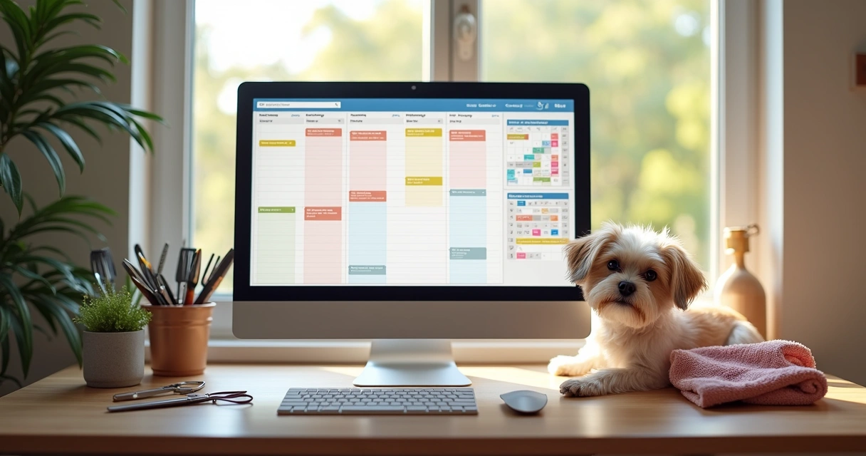 Agenda digital com horários de banho e tosa em tela de computador 