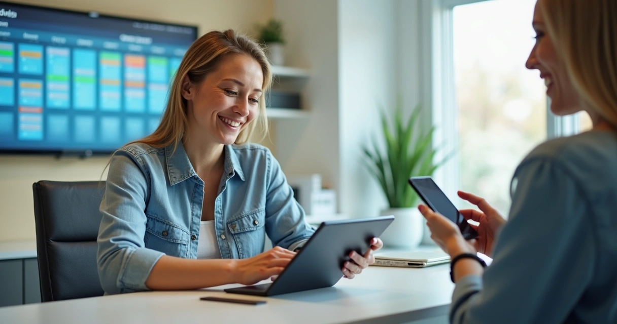 Pessoa consultando agenda digital em tablet em um consultório 