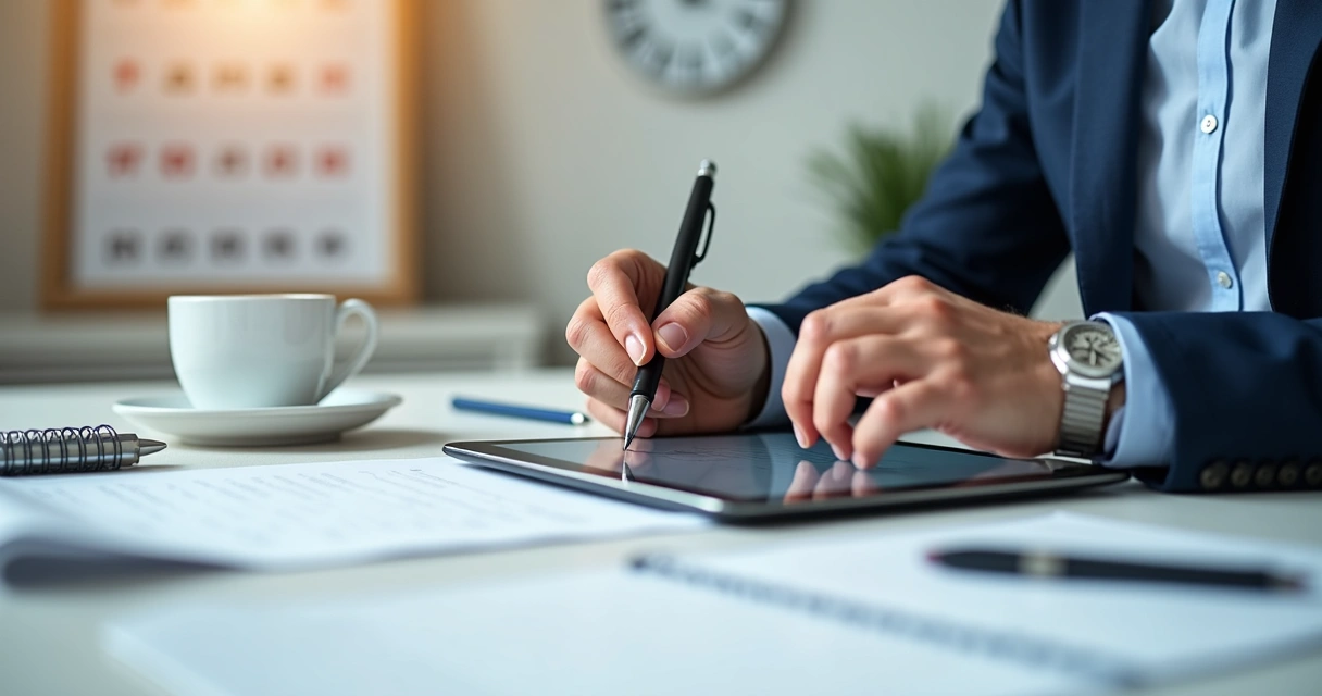 Profissional preenchendo agenda digital em tablet 