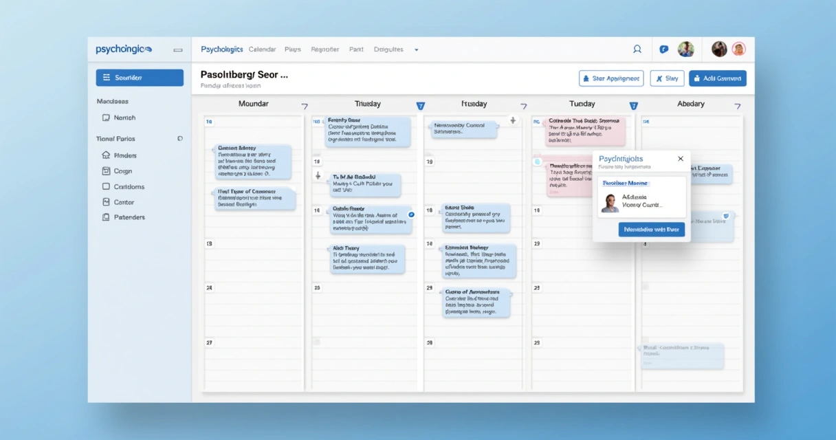 Tela de agenda digital para psicólogos com compromissos coloridos e interface clara