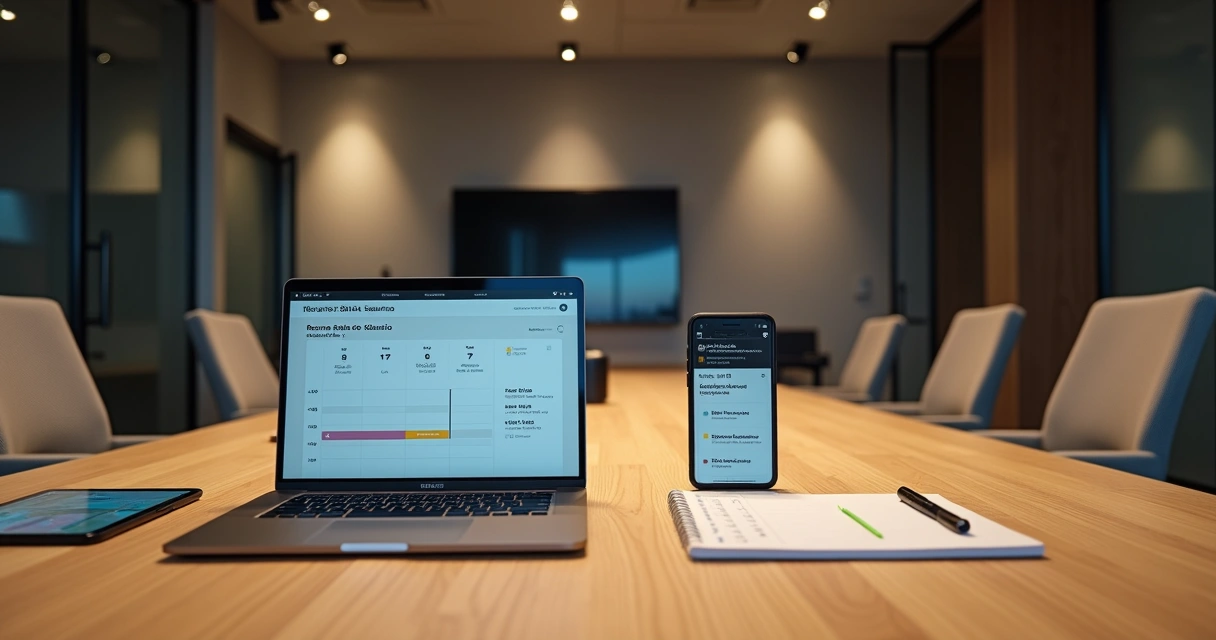 Notebook com agenda digital aberta destacando reserva de sala de reunião 