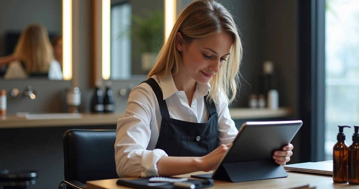 Visão superior de mãos usando tablet para gerenciar agenda digital de salão de beleza 