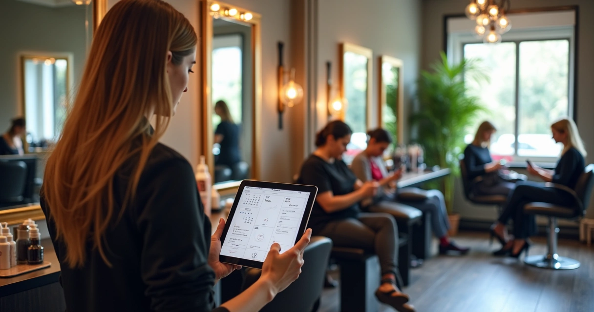 Profissional da beleza usando agenda digital em tablet no salão de beleza 