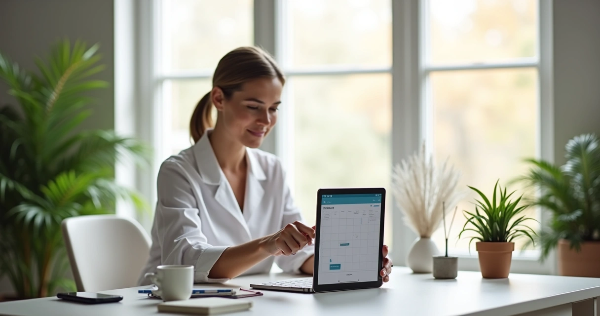 Terapeuta usando tablet para agendar atendimento digital em ambiente moderno e organizado 