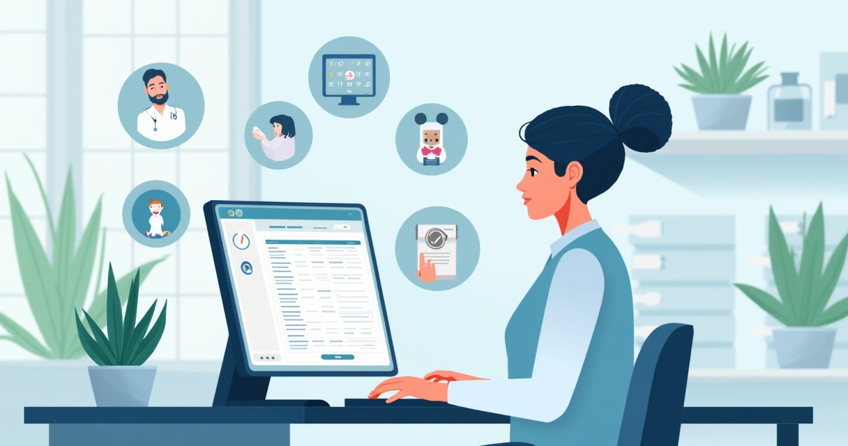 Ilustração plana corporativa de veterinário usando agenda digital no computador com ícones de agendamento, lembretes e consultas 