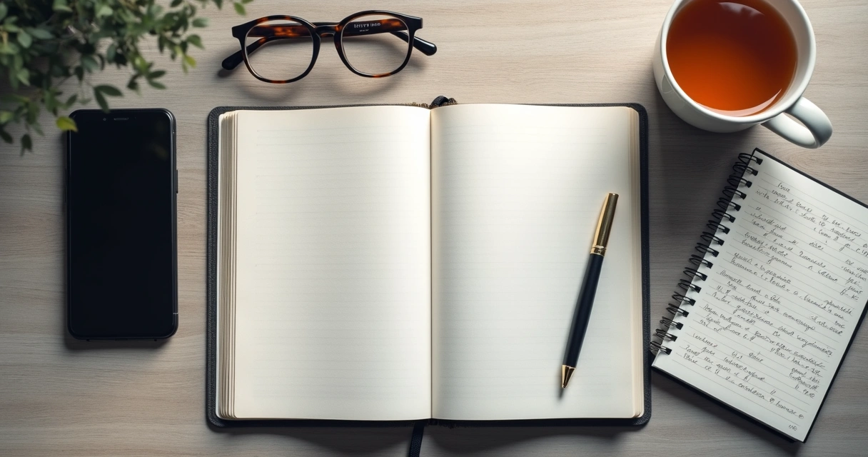 Agenda, celular e xícara sobre mesa de trabalho