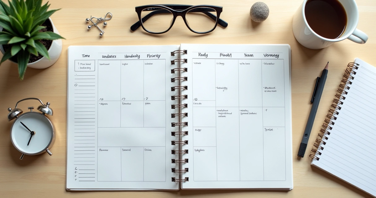 Agenda, relógio e bloco de notas sobre mesa clara