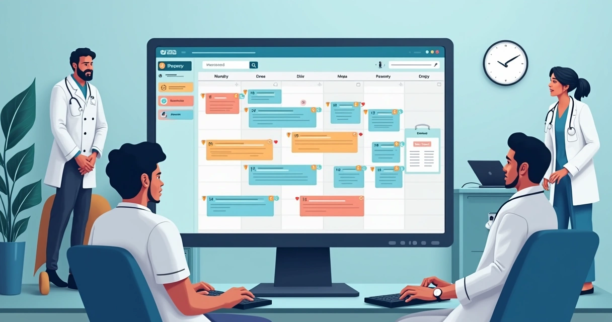 Agenda eletrônica de consultório com tela de computador e pacientes 