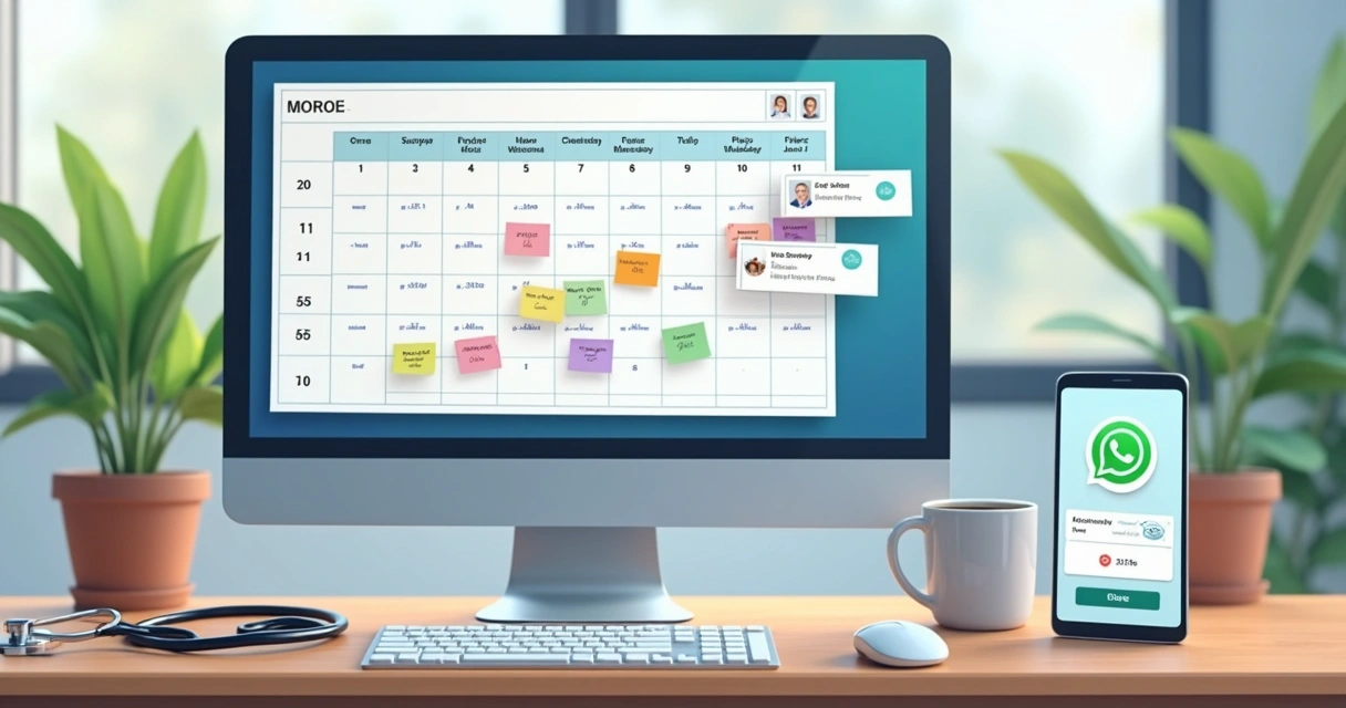 Agenda eletrônica aberta mostrando horários marcados e ícone de WhatsApp 