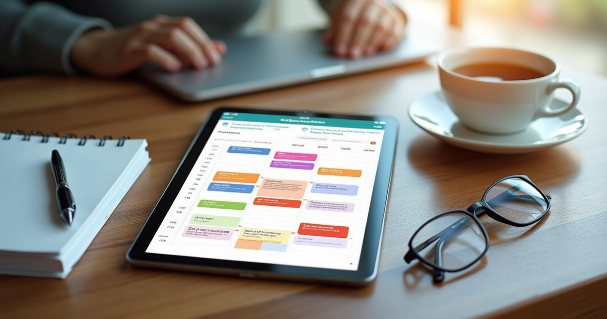 Tela de agenda digital colorida em dispositivo móvel em mesa com objetos de papelaria 